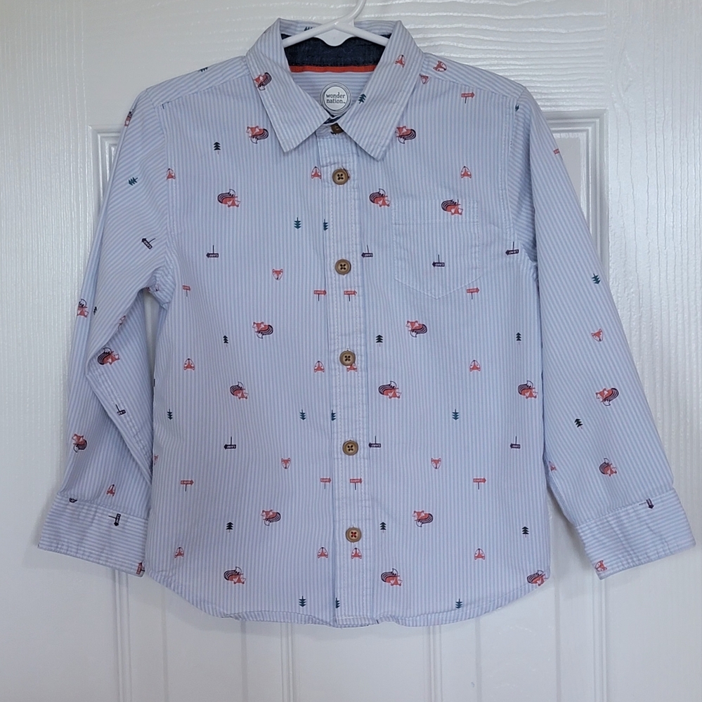 🌟Wonder Nation boys white and blue pinstripes fox print button down, 4T